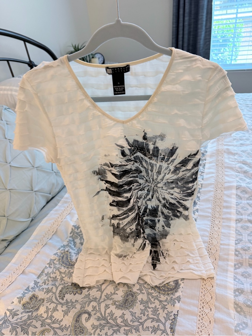 White Textured V-Neck Top with Black Floral Print